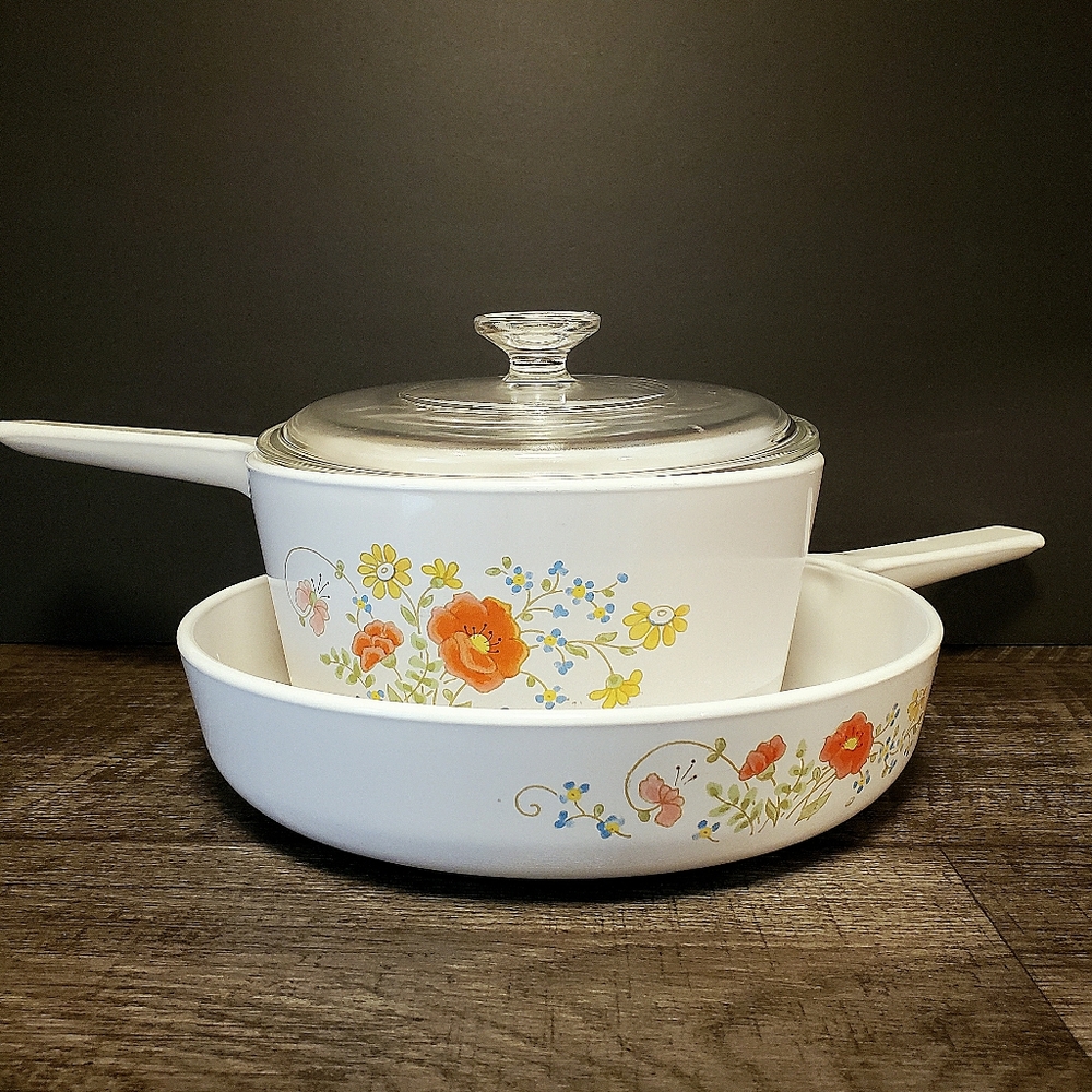 Vintage Corningware RANGETOPPERS WildFlower Pots with Lid, Frying Pan, Stove Top